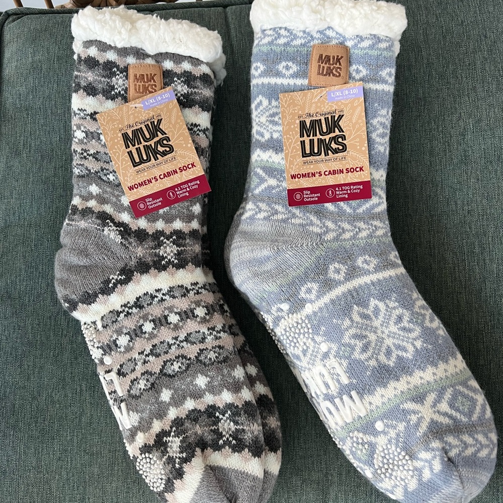 Pair of Muk Luks Gray and Blue warm cabin Socks with grips